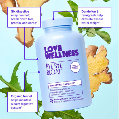 Love Wellness Bye Bye Bloat, Digestive Enzymes | Bloating Relief for Women | Help Reduce Gas Relief & Water Retention | Supports Digestive Health with Fenugreek & Dandelion | 180 Count - Maple Wellness Supplements