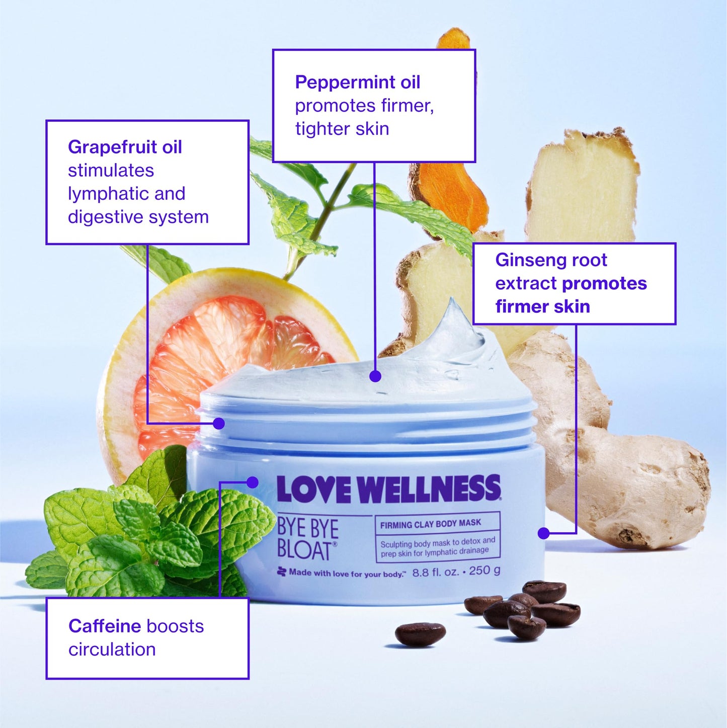 Love Wellness Bye Bye Bloat Firming Clay Body Mask | Lymphatic Drainage Body Mask for Women | Support Bloating Relief, Skin Hydration & Boost Circulation | Caffeine, Grapefruit & Peppermint Oil | 250g - Maple Wellness Supplements