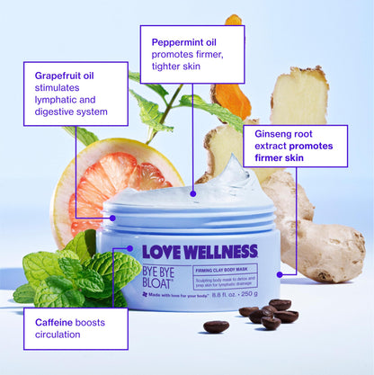 Love Wellness Bye Bye Bloat Firming Clay Body Mask | Lymphatic Drainage Body Mask for Women | Support Bloating Relief, Skin Hydration & Boost Circulation | Caffeine, Grapefruit & Peppermint Oil | 250g - Maple Wellness Supplements
