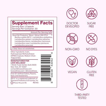 Love Wellness Good Girl Probiotics | Women’s Vaginal Health & pH Balance Supplement | 9-Strain Probiotic for Urinary Tract, Yeast, Odor & Immune Support | Gluten-Free (60-Day Supply) - Maple Wellness Supplements
