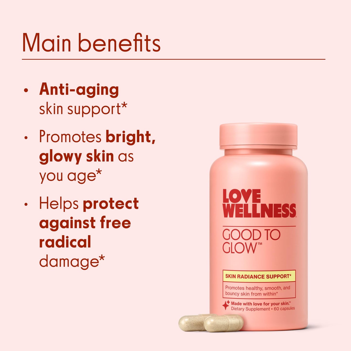 Love Wellness Good to Glow | Collagen Supplement with Biotin, Vitamin C, E, Ashwagandha & Zinc | Promotes Smooth, Glowing & Clear Skin | Enhances Smoothness & Promotes Healthy Skin | 60 Count - Maple Wellness Supplements