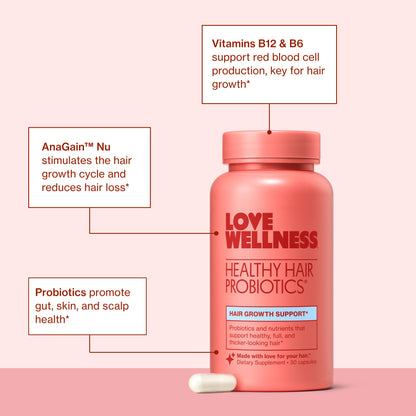 Love Wellness Healthy Hair Probiotics | Support Hair Growth with Biotin and Vitamin B12 & B6 | Supplement for Healthy Scalp & Thicker, Fuller Looking Hair | Safe & Effective | 30 Capsules - Maple Wellness Supplements