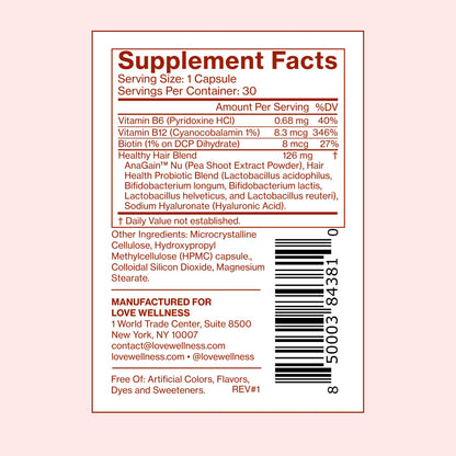 Love Wellness Healthy Hair Probiotics | Support Hair Growth with Biotin and Vitamin B12 & B6 | Supplement for Healthy Scalp & Thicker, Fuller Looking Hair | Safe & Effective | 30 Capsules - Maple Wellness Supplements