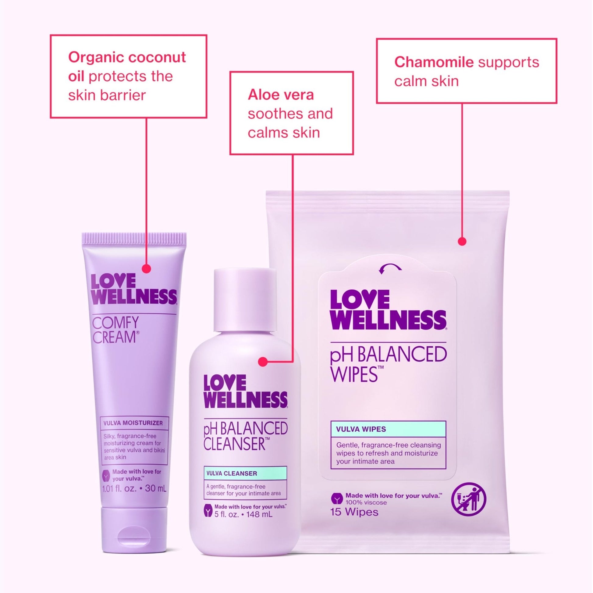 Love Wellness Skincare for Down There Bundle | Gentle pH Balancing Cleanser, Moisturizing Comfy Cream & Refreshing Wipes | Feminine Care for pH Balance, Dry & Sensitive Vulva | Fragrance-Free - Maple Wellness Supplements