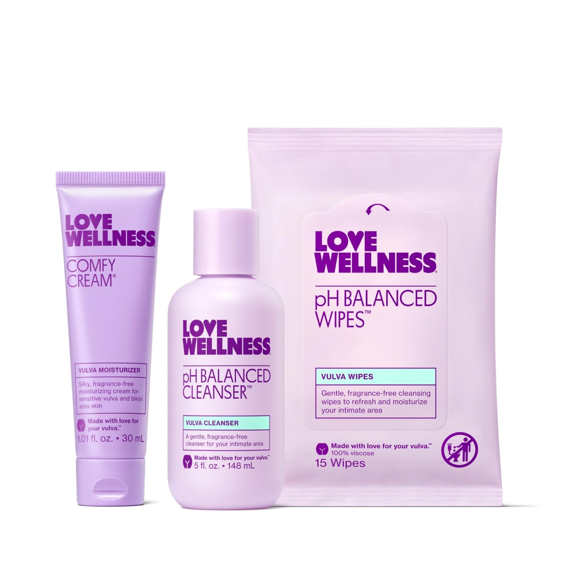Love Wellness Skincare for Down There Bundle | Gentle pH Balancing Cleanser, Moisturizing Comfy Cream & Refreshing Wipes | Feminine Care for pH Balance, Dry & Sensitive Vulva | Fragrance-Free - Maple Wellness Supplements