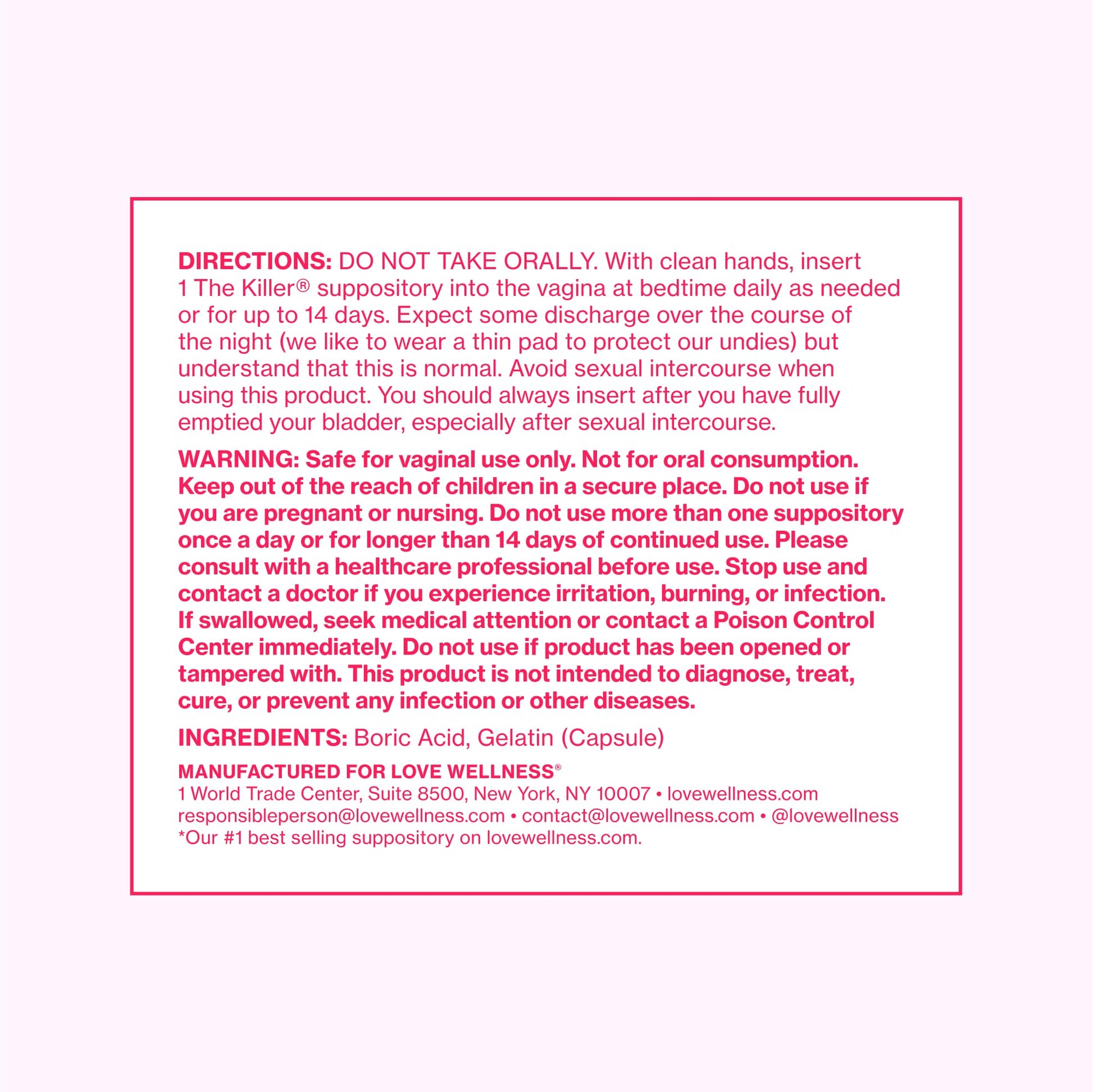 Love Wellness The Killer | 600mg Boric Acid Vaginal Suppositories | Balances pH & Supports Odor Control, a Healthy Vaginal Balance | Fast-Acting & Fragrance-Free | Gentle & Effective | 28 Ct - Maple Wellness Supplements