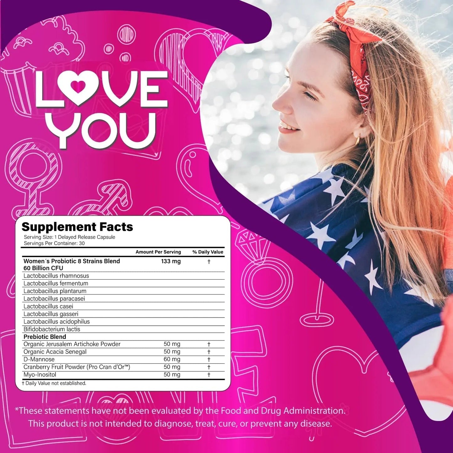 Love You Womens Probiotic, Ph Balance, Ut, Feminine, Vaginal Health Supplement, Digestive, Pre + Pro + Postbiotic, Delayed Release, 60 Billion Live CFU, 8-Strain Probiotic Blend, 30 Veg Caps Servings - Maple Wellness Supplements