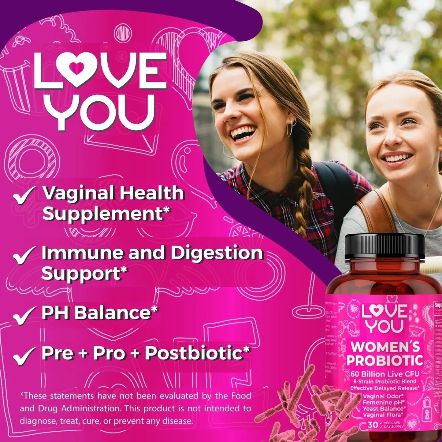 Love You Womens Probiotic, Ph Balance, Ut, Feminine, Vaginal Health Supplement, Digestive, Pre + Pro + Postbiotic, Delayed Release, 60 Billion Live CFU, 8-Strain Probiotic Blend, 30 Veg Caps Servings - Maple Wellness Supplements