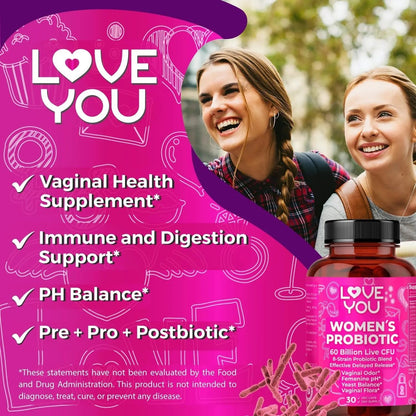 Love You Womens Probiotic, Ph Balance, Ut, Feminine, Vaginal Health Supplement, Digestive, Pre + Pro + Postbiotic, Delayed Release, 60 Billion Live CFU, 8-Strain Probiotic Blend, 30 Veg Caps Servings - Maple Wellness Supplements