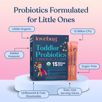 LOVEBUG Kids Probiotic Powder with Prebiotic Fiber - Toddler Immunity Support & Constipation Relief - USDA Organic Probiotics for Childrens Gut & Digestive Health - Maple Wellness Supplements