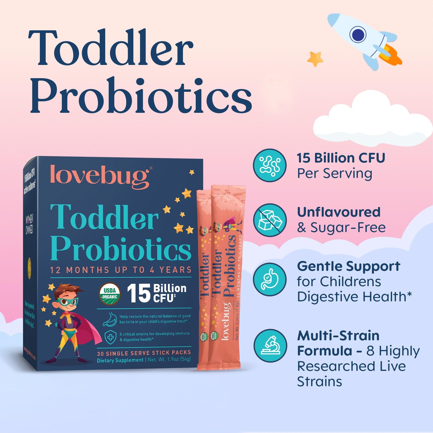LOVEBUG Kids Probiotic Powder with Prebiotic Fiber - Toddler Immunity Support & Constipation Relief - USDA Organic Probiotics for Childrens Gut & Digestive Health - Maple Wellness Supplements