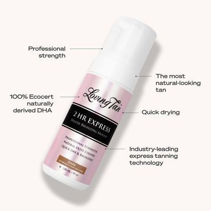 Loving Tan 2 HR Express Self Tanning Mousse, Dark - Streak Free, Natural, Professional Quality - 5+ Sunless Self Tanner - Maple Wellness Supplements
