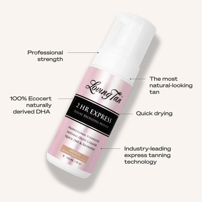 Loving Tan 2 HR Express Self Tanning Mousse, Medium - Streak Free, Natural, Professional Quality - 5+ Sunless Self Tanner Applications per Bottle - Maple Wellness Supplements