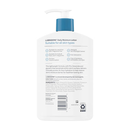 Lubriderm Fragrance Free Daily Moisture Lotion + Pro-Ceramide, Shea Butter & Glycerin, Face, Hand & Body Lotion for Sensitive Skin - Maple Wellness Supplements