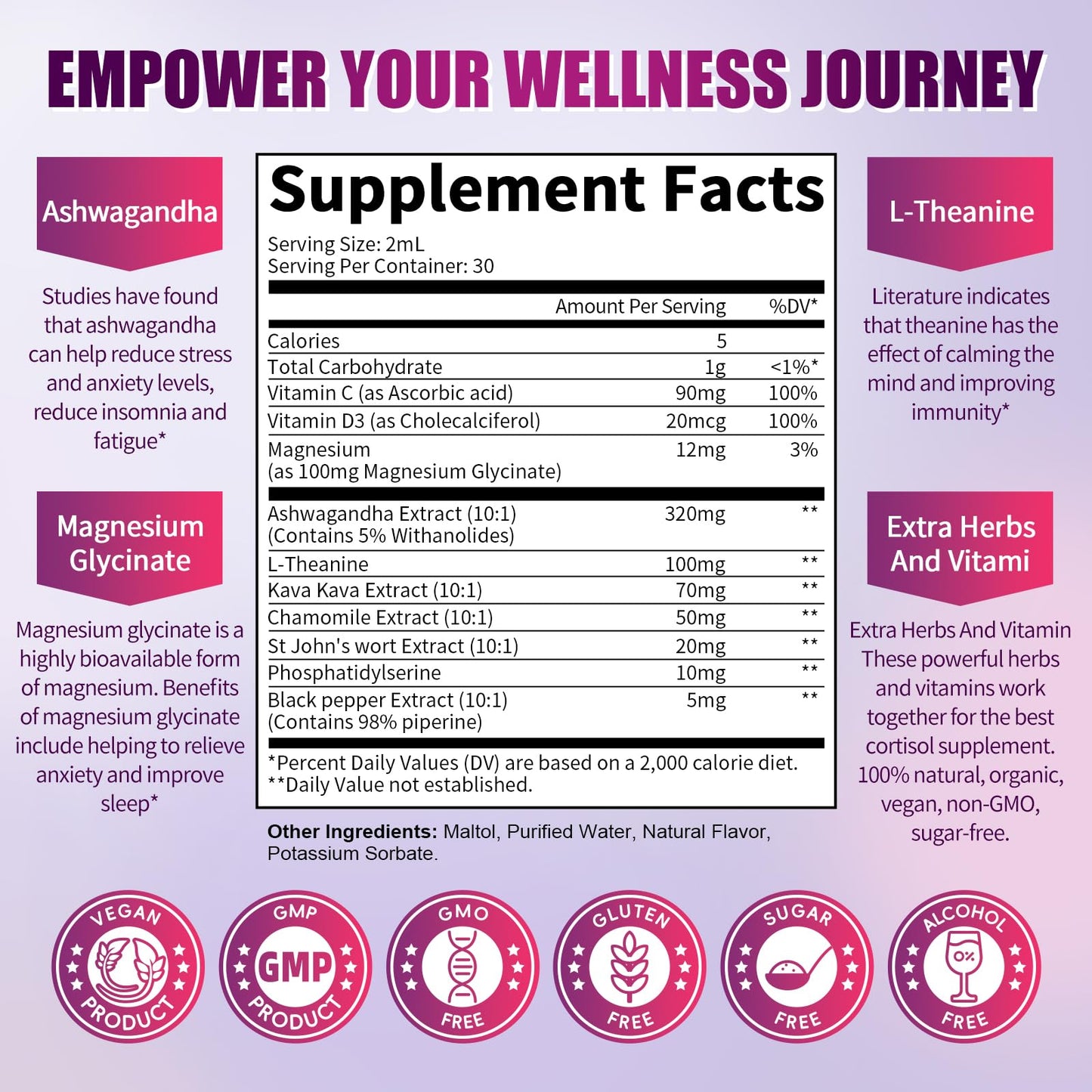 Lukaree Cortisol Supplements for Women, 10 in 1 Cortisol Reducer Detox with Ashwagandha, L-theanine, Kava Kava, Magnesium, Lower Cortisol, Mood, Focus, Sleep Support - 2 FL.OZ, Blueberry Flavor - Maple Wellness Supplements