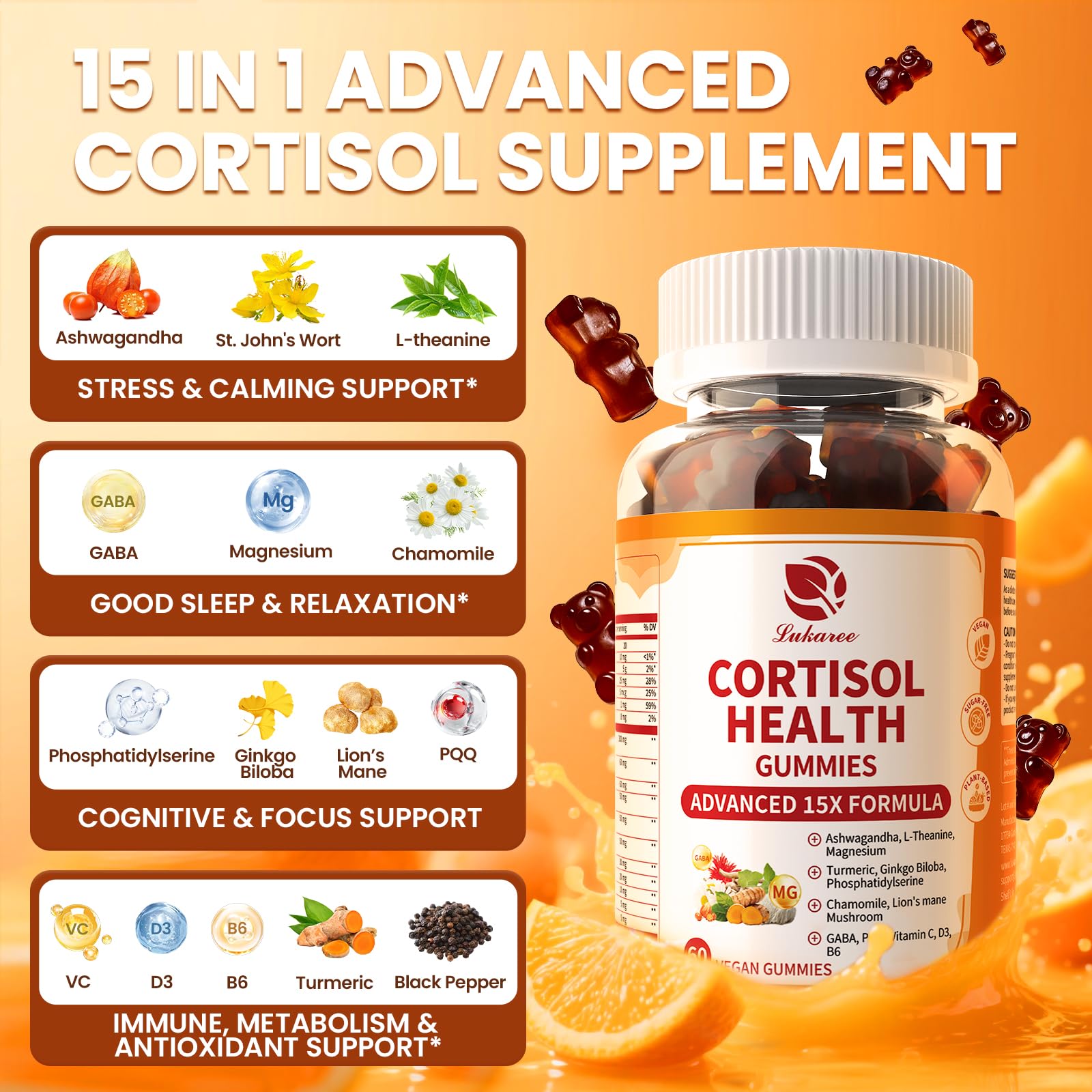 Lukaree Cortisol Supplements for Women & Men, 15 in 1 Cortisol Reducer Manager, Cortisol Calm Gummies with Ashwagandha, Magnesium, L-theanine, GABA - for Mood, Focus, Sleep - Vegan Sugar Free, 60 Ct. - Maple Wellness Supplements