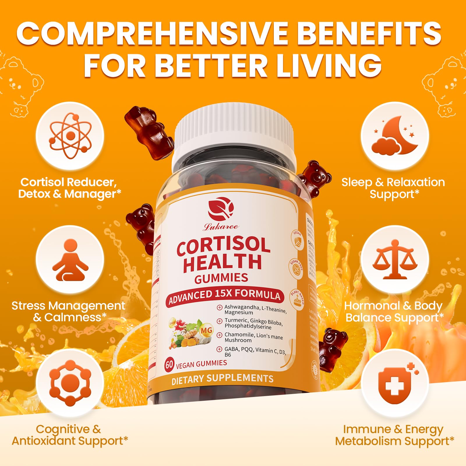 Lukaree Cortisol Supplements for Women & Men, 15 in 1 Cortisol Reducer Manager, Cortisol Calm Gummies with Ashwagandha, Magnesium, L-theanine, GABA - for Mood, Focus, Sleep - Vegan Sugar Free, 60 Ct. - Maple Wellness Supplements