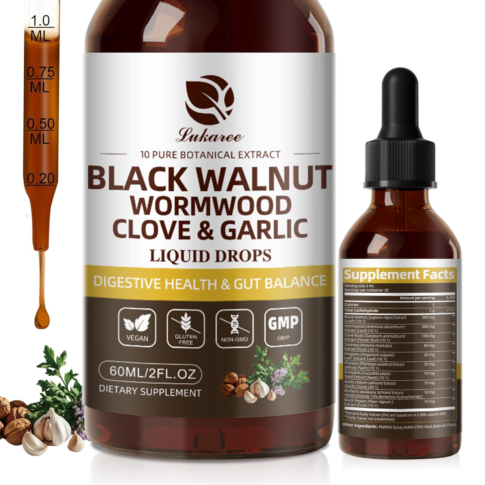 Lukaree Wormwood Black Walnut Clove Cleanse for Humans Tincture – Rapid Gut Detox & Digestive Health with Garlic Pumpkin Seeds Soursop Oregano, 10:1 Ultra-Concentrated Liposomal Tech 98% Absorption - Maple Wellness Supplements