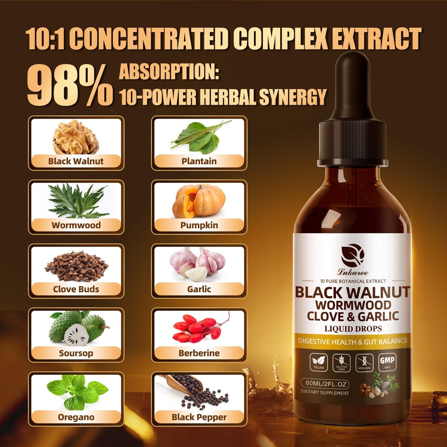 Lukaree Wormwood Black Walnut Clove Cleanse for Humans Tincture – Rapid Gut Detox & Digestive Health with Garlic Pumpkin Seeds Soursop Oregano, 10:1 Ultra-Concentrated Liposomal Tech 98% Absorption - Maple Wellness Supplements