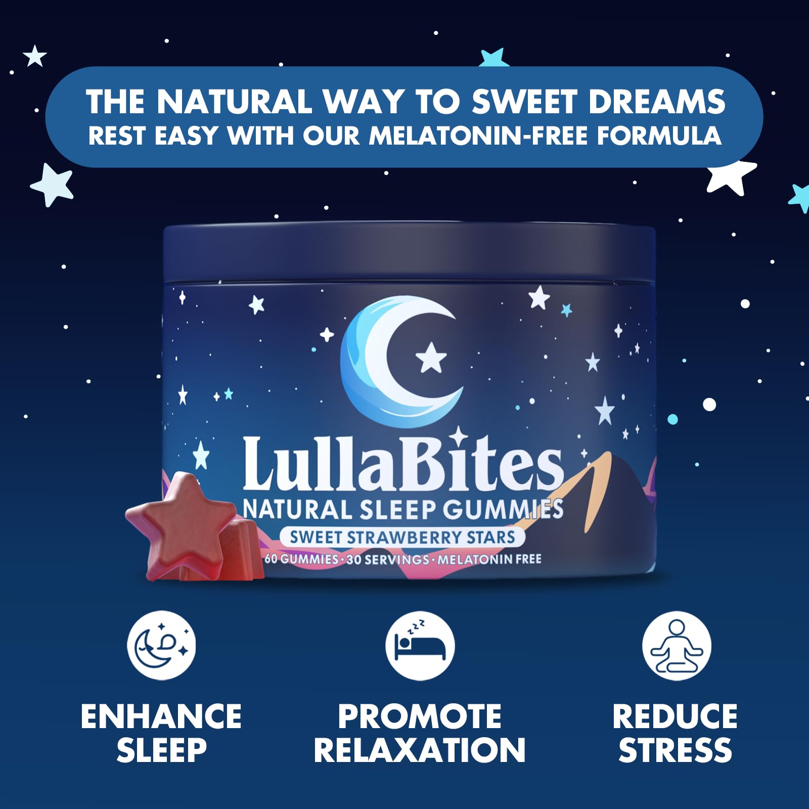 LullaBites - Natural Sleep Gummies - Made in USA - With 5-HTP, L-Theanine, Magnesium & Valerian Root - Melatonin Free - Vegan - Halal - Sugar, Gluten Free - Sweet Strawberry - Maple Wellness Supplements
