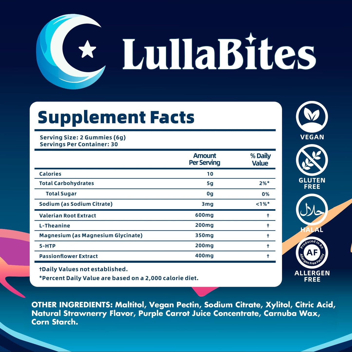 LullaBites - Natural Sleep Gummies - Made in USA - With 5-HTP, L-Theanine, Magnesium & Valerian Root - Melatonin Free - Vegan - Halal - Sugar, Gluten Free - Sweet Strawberry - Maple Wellness Supplements