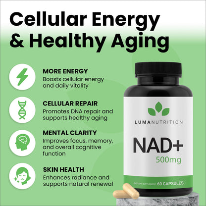 Luma Nutrition NAD+ Supplement 1000mg (500mg per Capsule) – Aging Plus Energy, Metabolism & Cellular Support – Pure NAD Supplements for Women & Men, Made in USA - Maple Wellness Supplements
