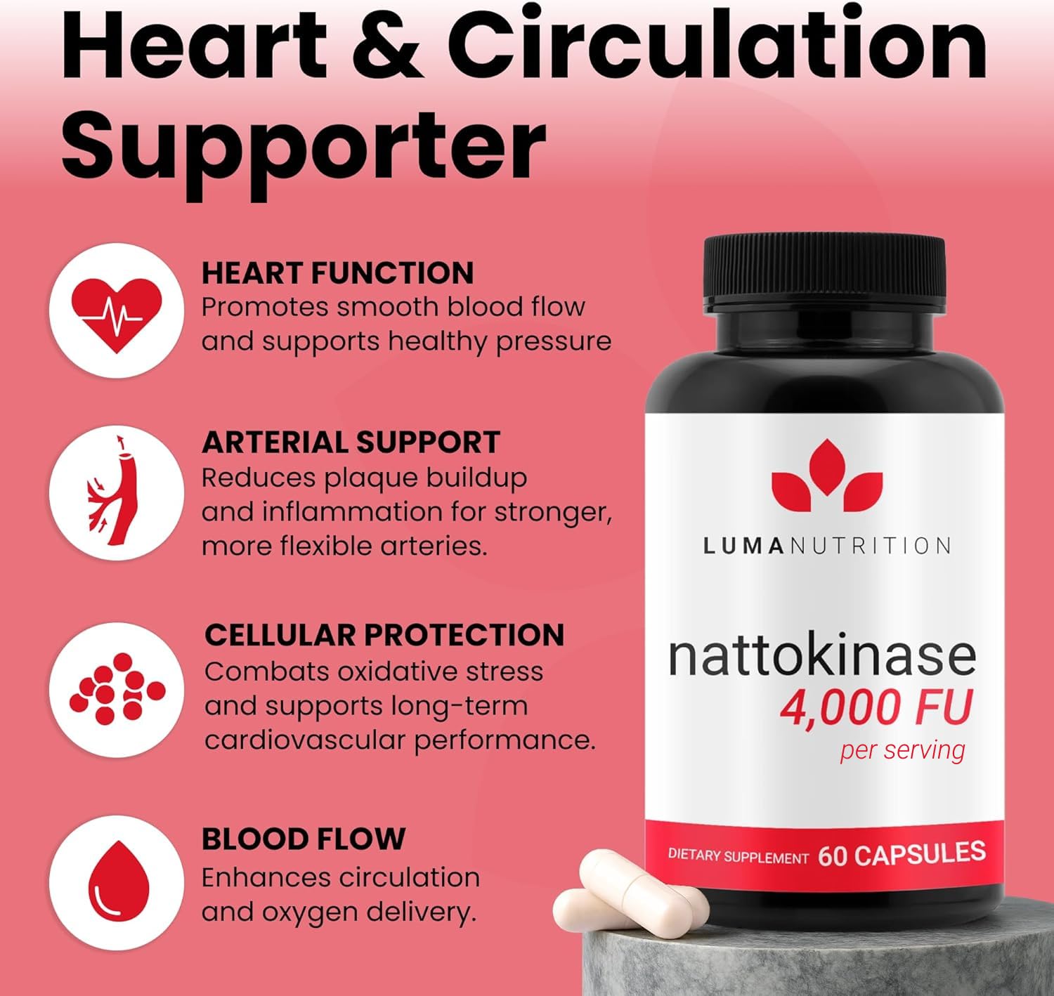 Luma Nutrition Nattokinase Supplement - Natto 4000 FU Per Serving, Premium Heart Health Support - Vegan & Gluten Free - 60 Capsules - Maple Wellness Supplements