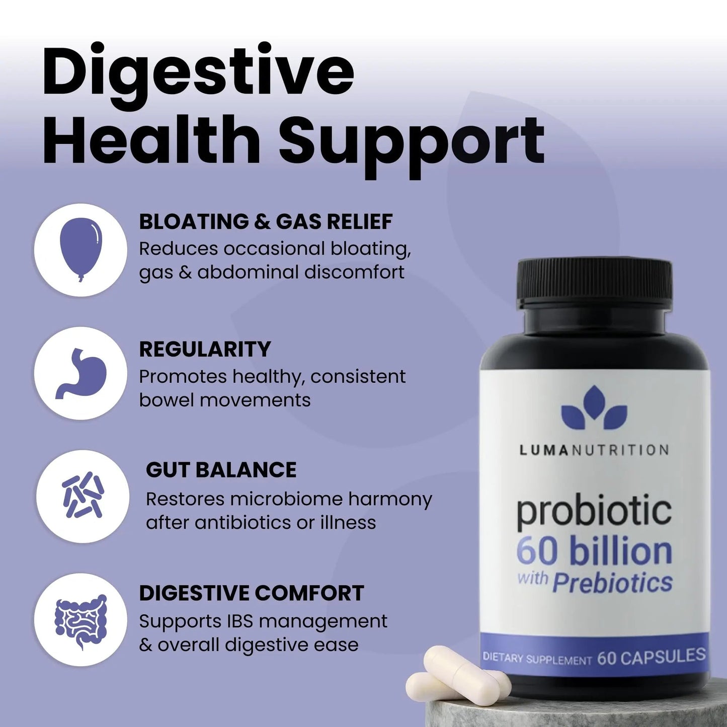 Luma Nutrition Probiotics 60 Billion CFU with Prebiotics - Probiotics for Women and Men - Formulated for Digestive Enzyme Health - Vegan & Gluten-Free - 60 Capsules - Maple Wellness Supplements