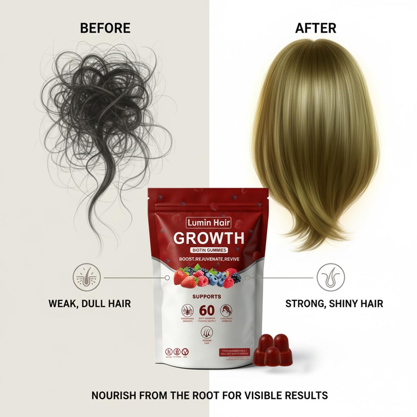 Lumin Hair Growth Gummies for Black Women, 60 Vegan Gummies, Daily Hair Nourishment with Biotin, Collagen & Botanical Extracts, Supports Healthy Hair Growth & Strength - Maple Wellness Supplements