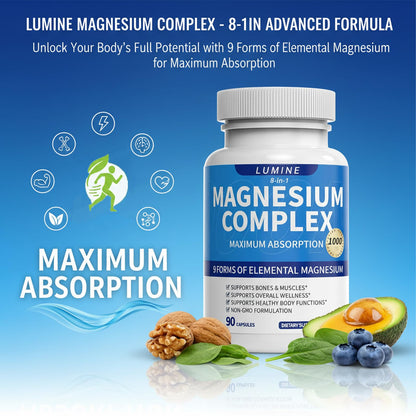 Lumine Magnesium Complex Supplement - Advanced 8-in-1 Elemental 1000mg- Glycinate, Citrate, Malate, Taurate - Maple Wellness Supplements