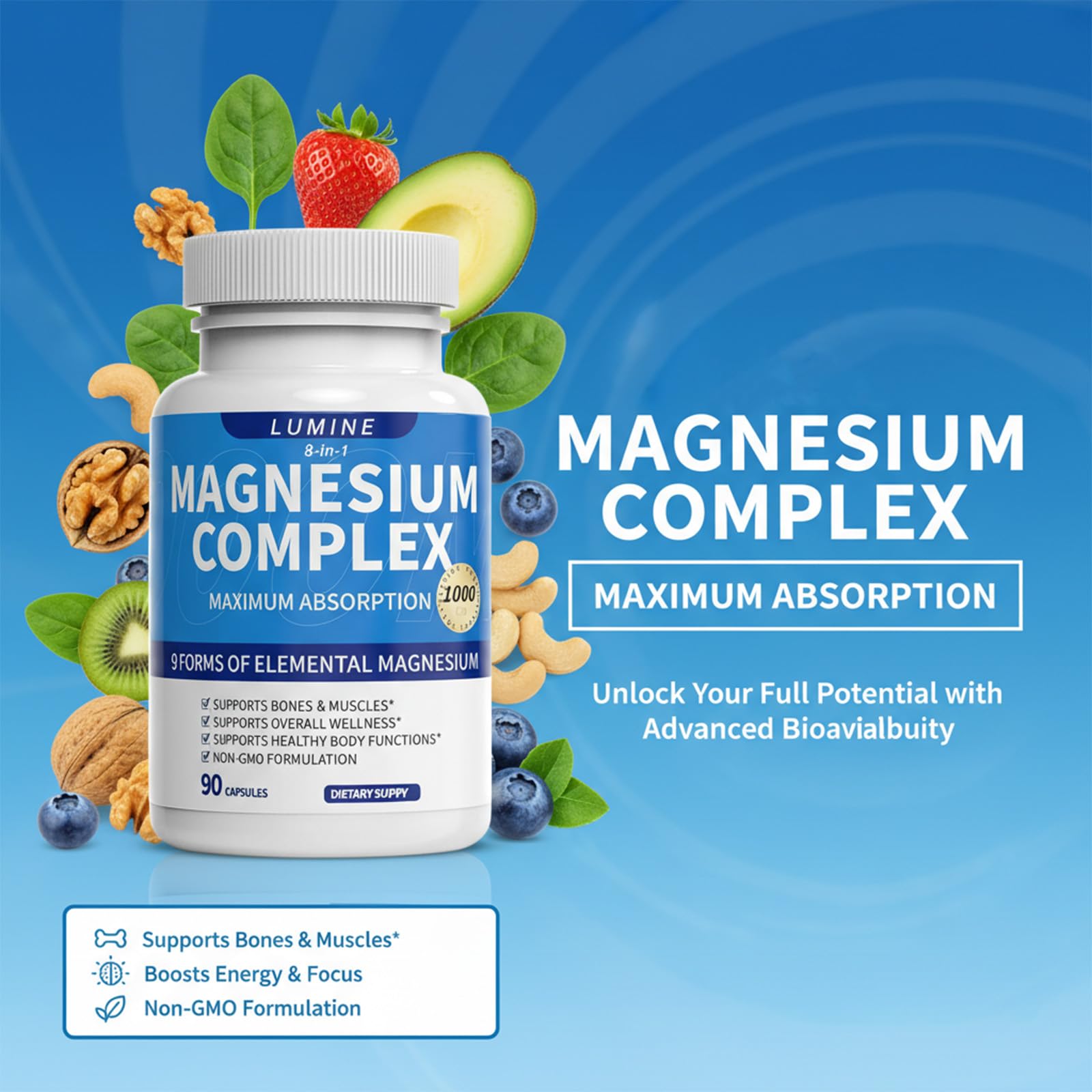 Lumine Magnesium Complex Supplement - Advanced 8-in-1 Elemental 1000mg- Glycinate, Citrate, Malate, Taurate - Maple Wellness Supplements