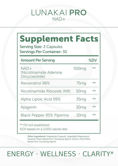 Lunakai PRO USA Made Dual-Pathway NAD+ Formula with NR & Resveratrol – Natural NAD Supplement for Women & Men – Healthy Aging & Cellular Health Support, 60ct - Maple Wellness Supplements