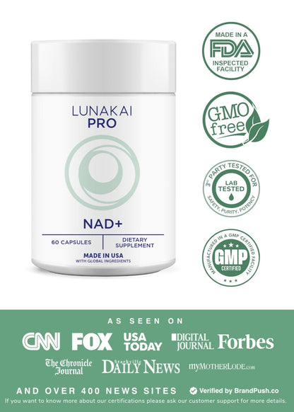 Lunakai PRO USA Made Dual-Pathway NAD+ Formula with NR & Resveratrol – Natural NAD Supplement for Women & Men – Healthy Aging & Cellular Health Support, 60ct - Maple Wellness Supplements