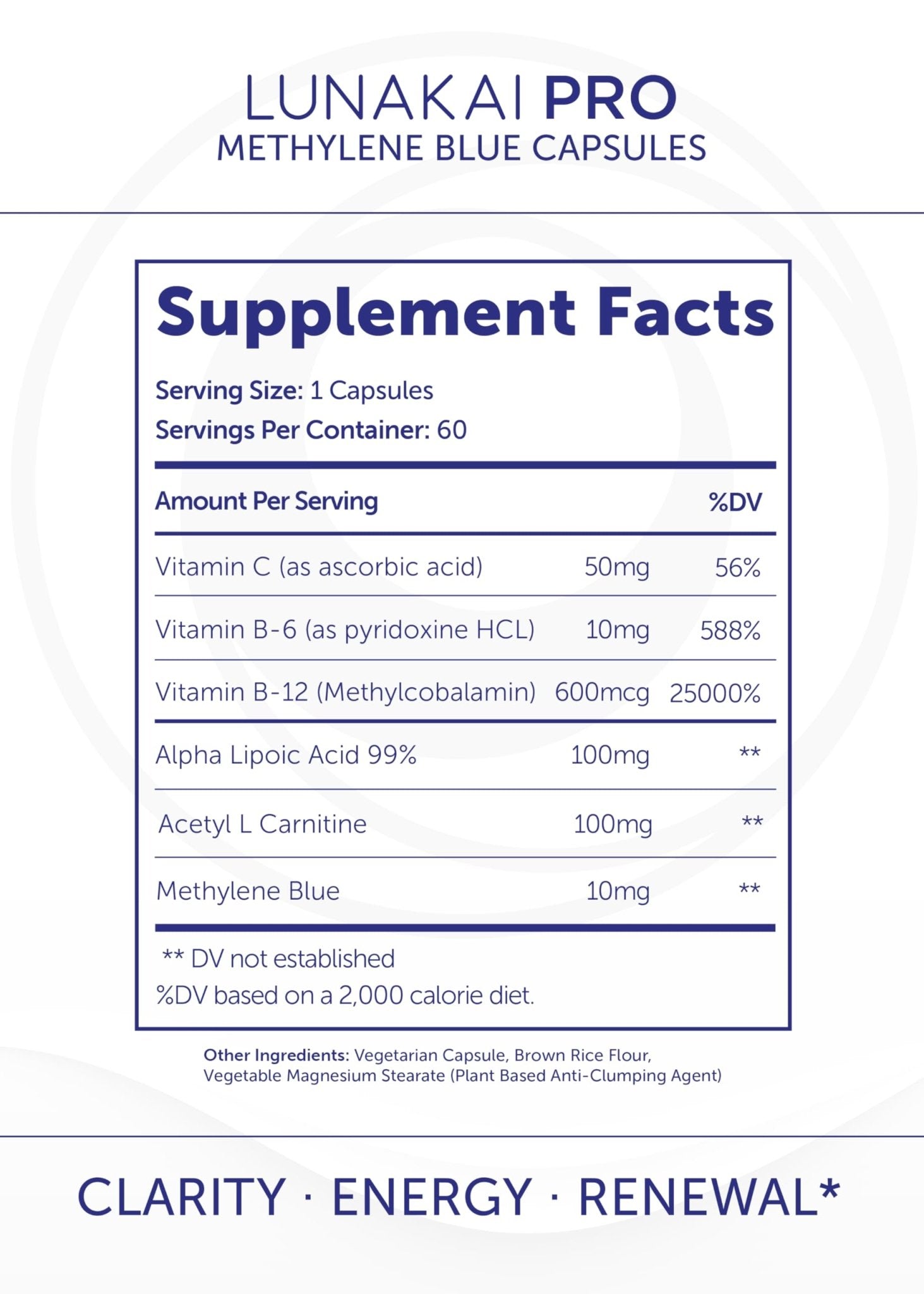 Lunakai PRO USA Made Methylene Blue Capsules Pharmaceutical Grade with Vitamin C, B6, B12 – 3rd-Party Tested Daily Brain & Focus Support Supplement for Humans, 60ct - Maple Wellness Supplements