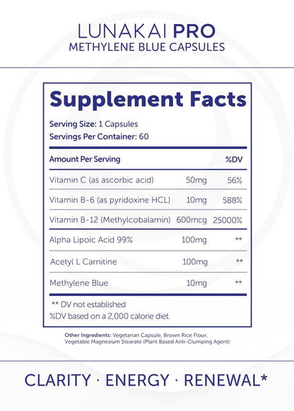 Lunakai PRO USA Made Methylene Blue Capsules Pharmaceutical Grade with Vitamin C, B6, B12 – 3rd-Party Tested Daily Brain & Focus Support Supplement for Humans, 60ct - Maple Wellness Supplements