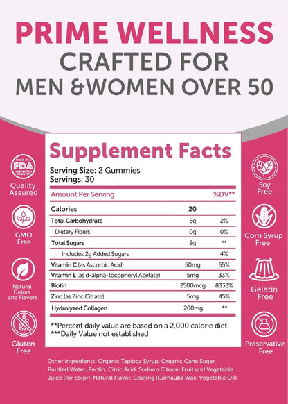 Lunakai USA Made Collagen Gummies for Women & Men Over 50, Biotin & Vitamin C, Supports Skin Elasticity, Hair & Nail Strength, Joint Support, 60ct - Maple Wellness Supplements