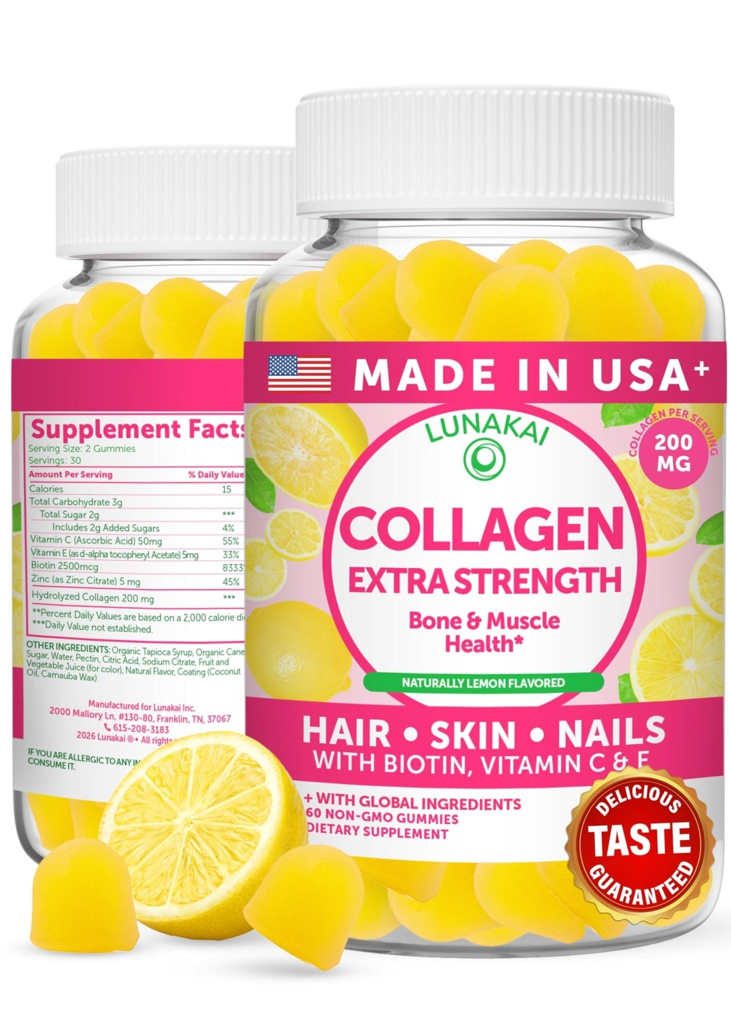 Lunakai USA Made Collagen Peptides Gummies - 200mg Non-GMO Anti-Aging Formula with Biotin, Zinc, Vitamins C - Maple Wellness Supplements