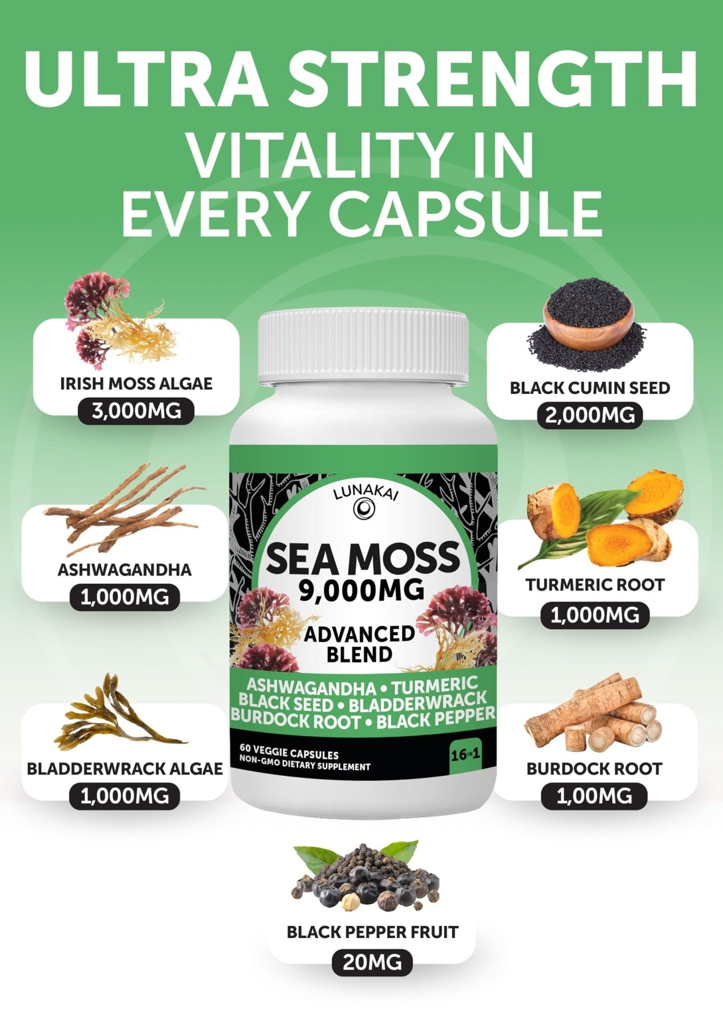 Lunakai USA Made Moringa & Sea Moss Capsules Bundle – 6-in-1 & 16-in-1 Advanced Blends – 60 Non-GMO Veggie Capsules Each - Maple Wellness Supplements