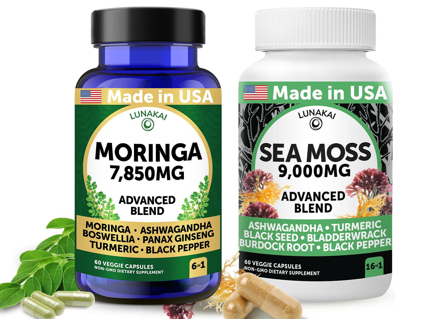 Lunakai USA Made Moringa & Sea Moss Capsules Bundle – 6-in-1 & 16-in-1 Advanced Blends – 60 Non-GMO Veggie Capsules Each - Maple Wellness Supplements