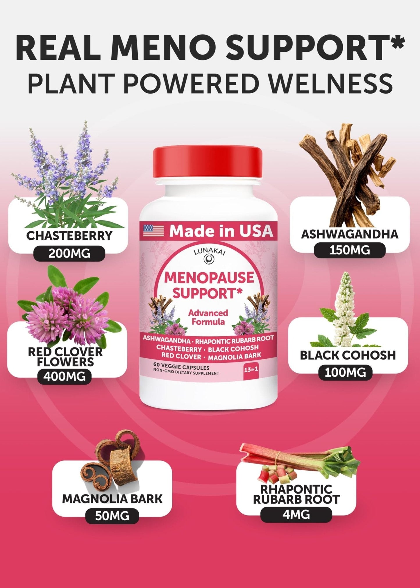 Lunakai USA Made Natural Menopause Supplements for Women – 13-in-1 Menopause Relief for Hot Flashes, Night Sweats, Sleep & Mood Support, 60ct - Maple Wellness Supplements