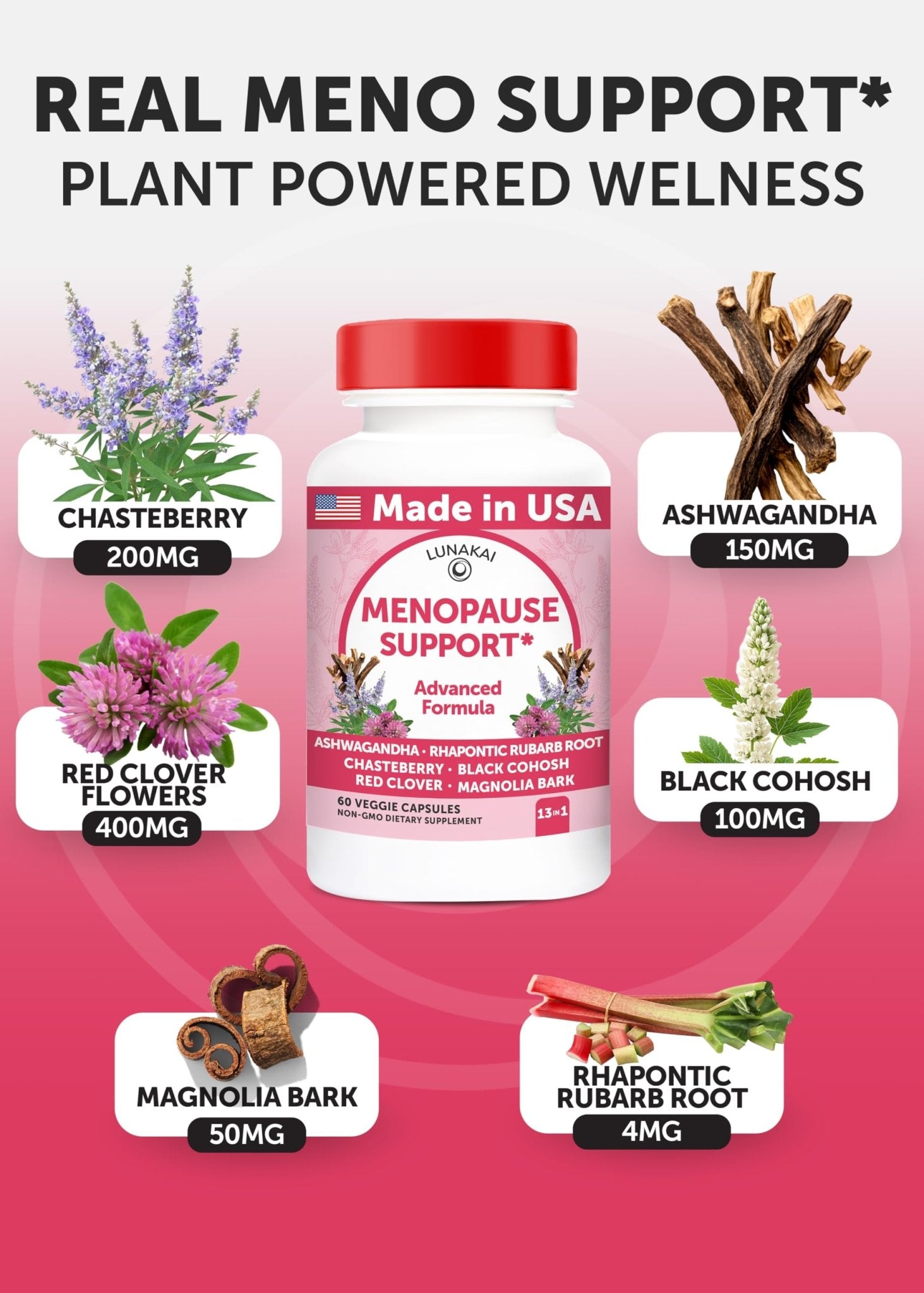 Lunakai USA Made Natural Menopause Supplements for Women – 13-in-1 Menopause Relief for Hot Flashes, Night Sweats, Sleep & Mood Support, 60ct - Maple Wellness Supplements