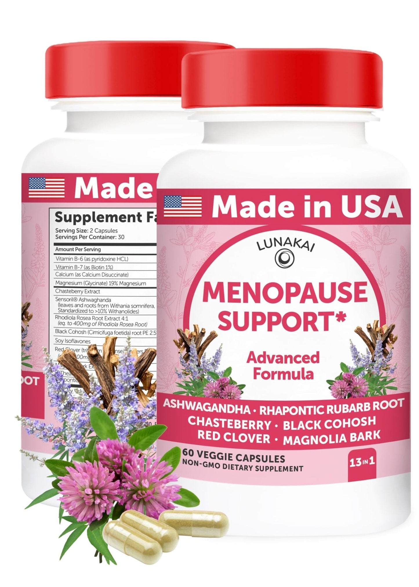 Lunakai USA Made Natural Menopause Supplements for Women – 13-in-1 Menopause Relief for Hot Flashes, Night Sweats, Sleep & Mood Support, 60ct - Maple Wellness Supplements