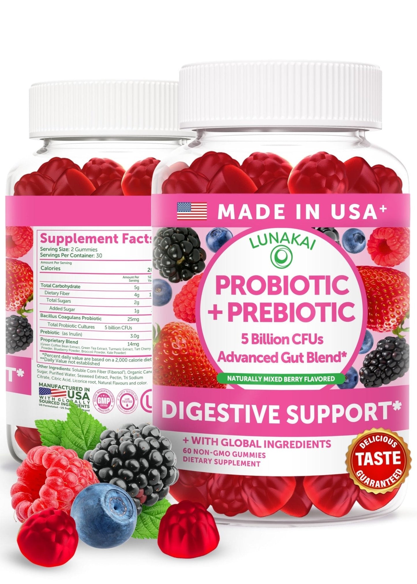 Lunakai USA Made Prebiotic + Probiotic Gummies for Women and Men - High Potency 5 Billion CFUs with Fibers - Maple Wellness Supplements