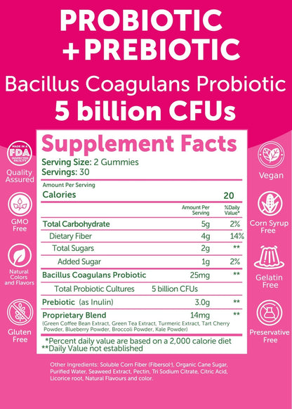 Lunakai USA Made Prebiotic + Probiotic Gummies for Women and Men - High Potency 5 Billion CFUs with Fibers - Maple Wellness Supplements