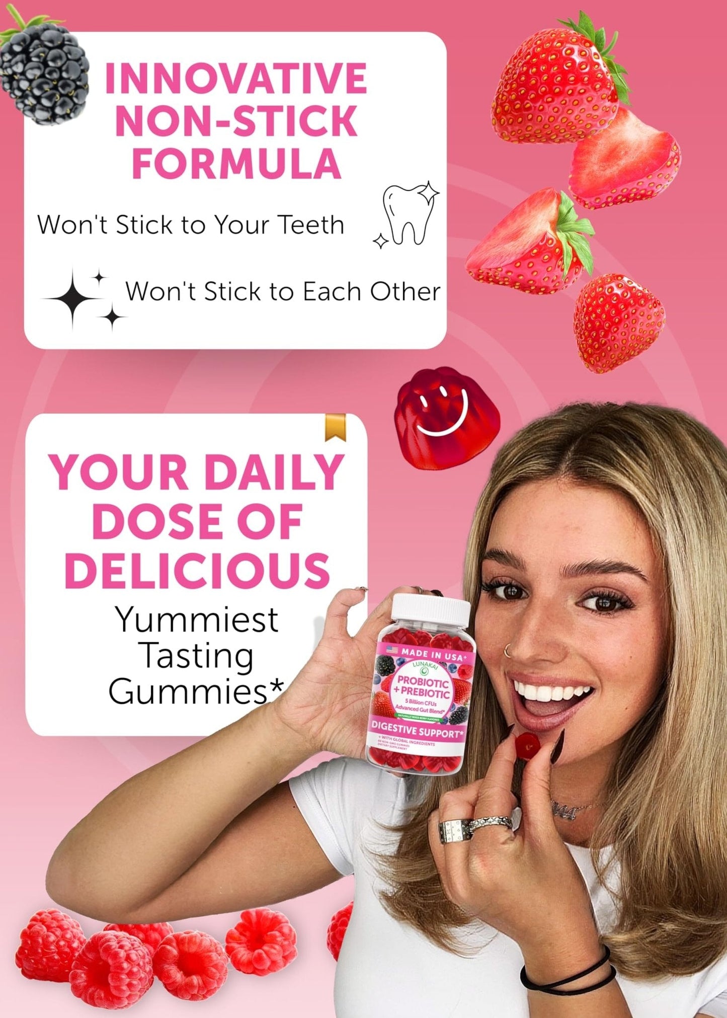 Lunakai USA Made Prebiotic + Probiotic Gummies for Women and Men - High Potency 5 Billion CFUs with Fibers - Maple Wellness Supplements