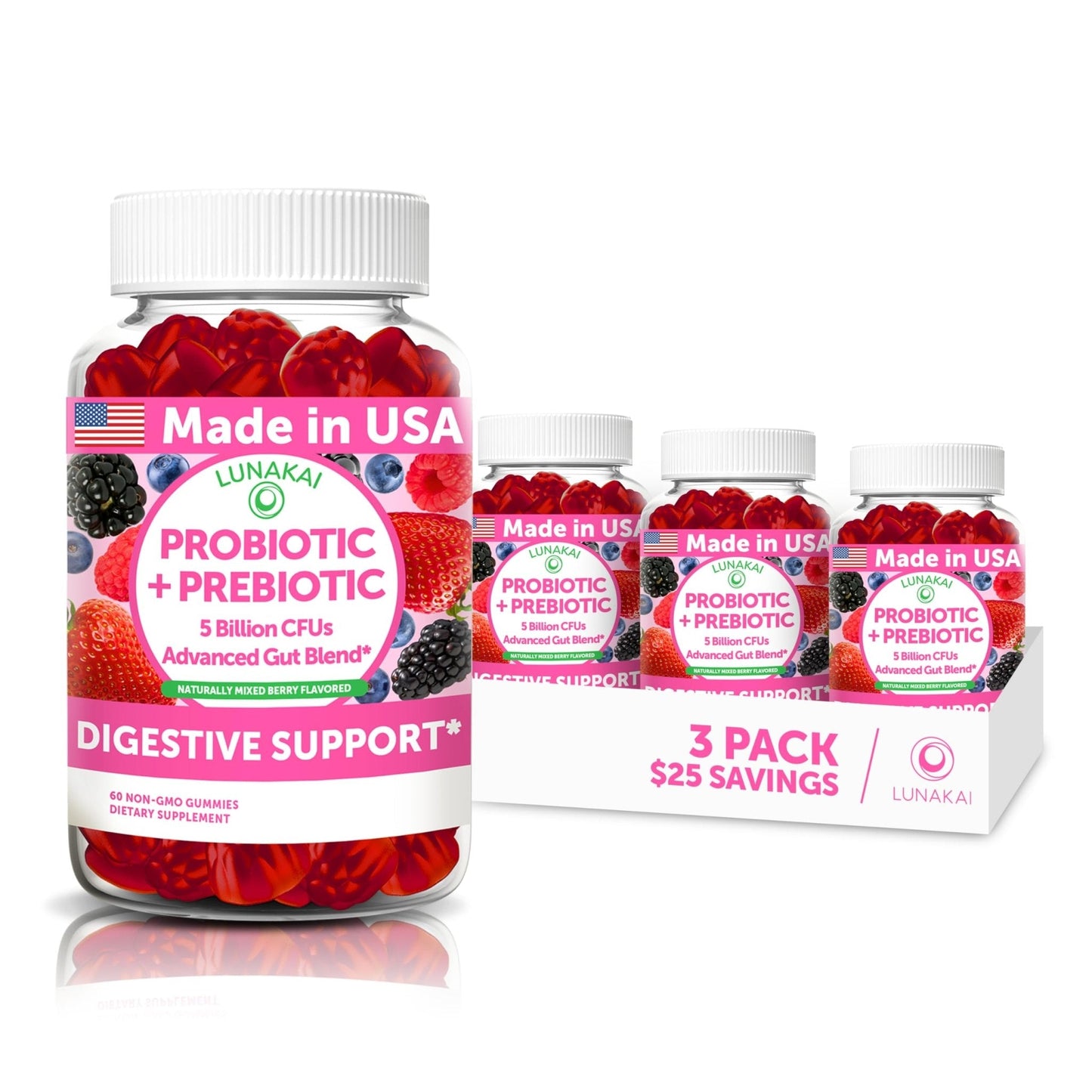 Lunakai USA Made Prebiotic + Probiotic Gummies for Women and Men - High Potency 5 Billion CFUs with Fibers - Non-GMO Gut Health Support - 3 Pack - Maple Wellness Supplements