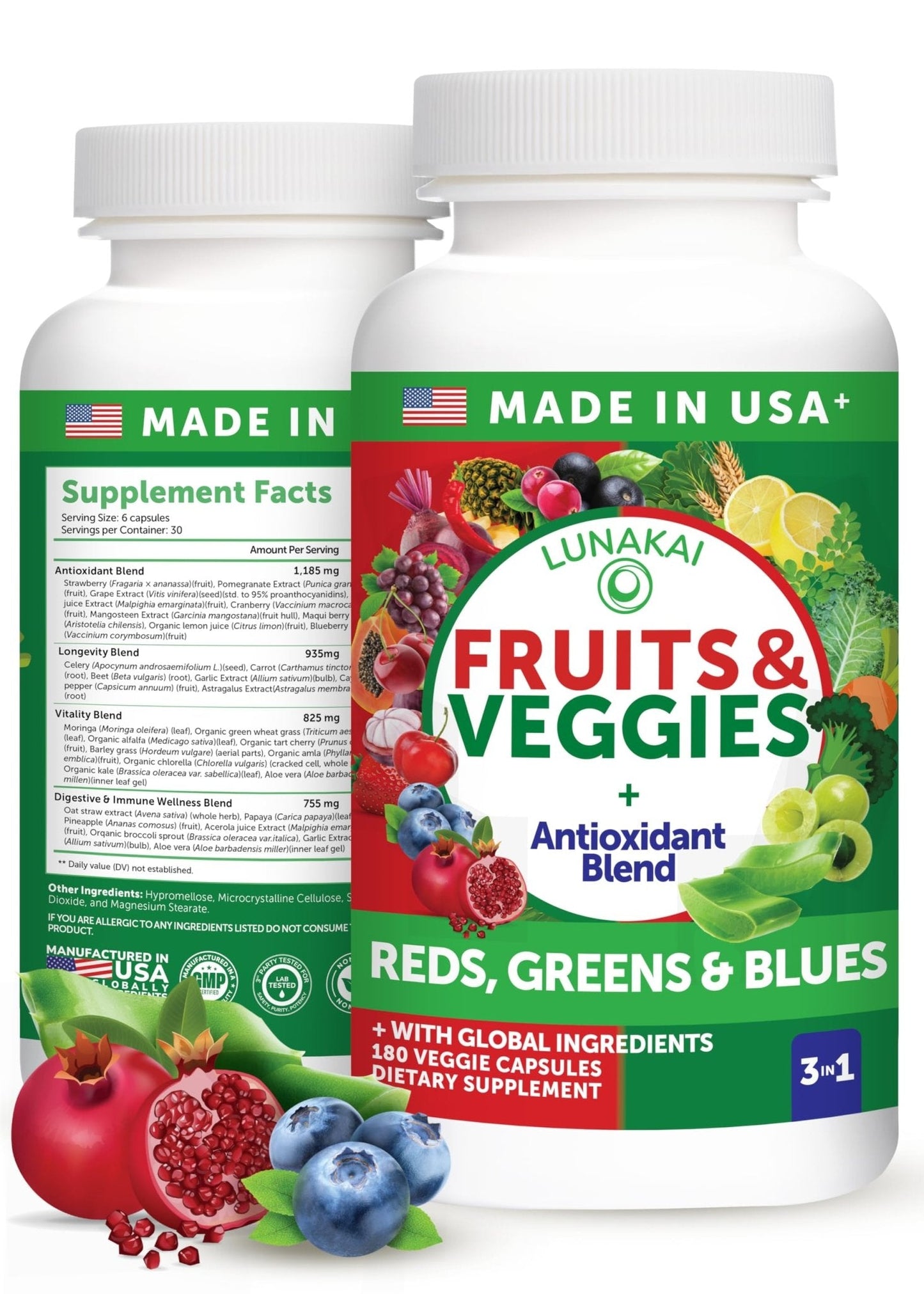 Lunakai USA Made Superfood Fruits & Veggies Supplement - All-in-One with 4 Blends & Scented Capsules, 180ct Super Veggie Capsules for Adults - Maple Wellness Supplements