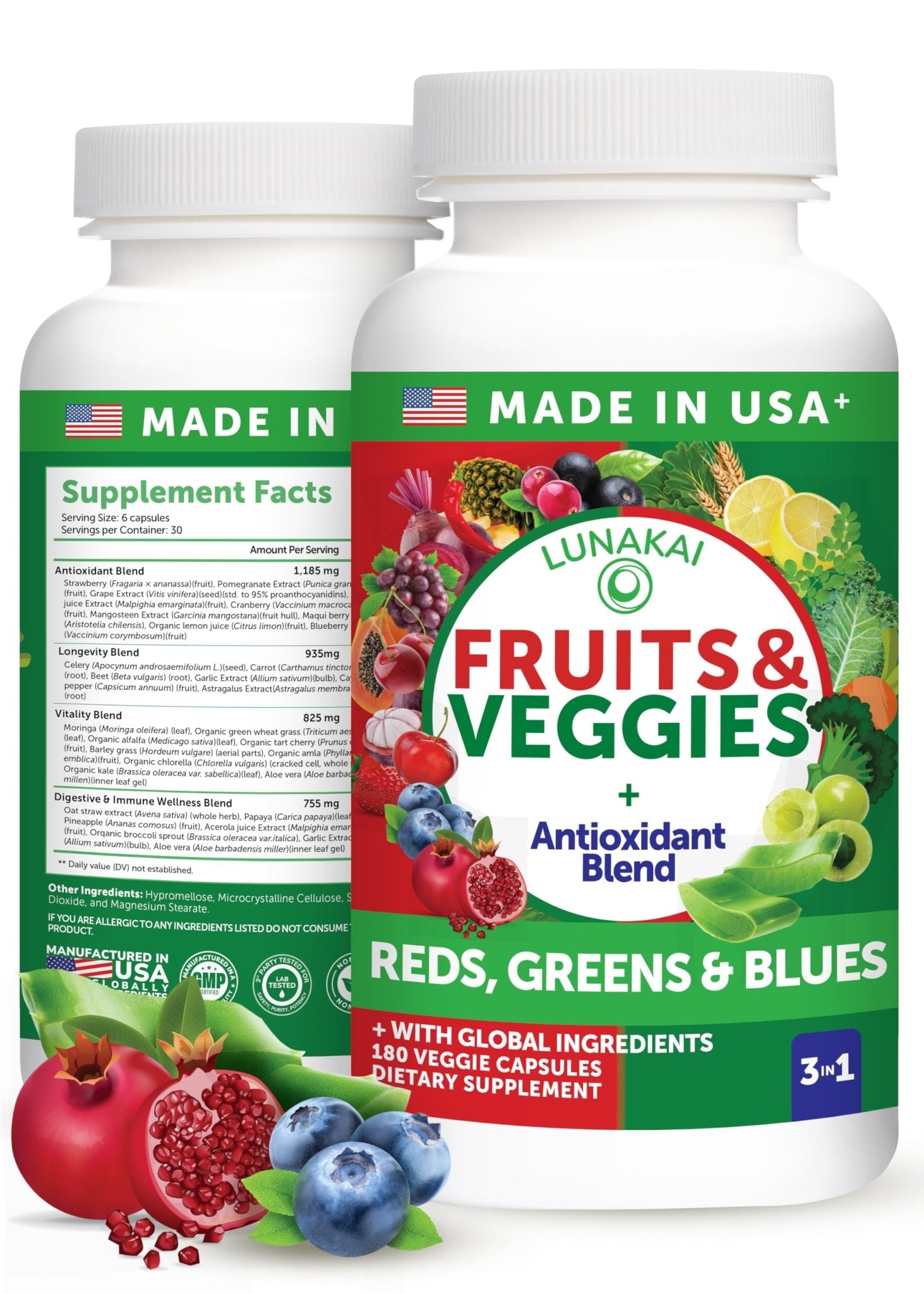 Lunakai USA Made Superfood Fruits & Veggies Supplement - All-in-One with 4 Blends & Scented Capsules, 180ct Super Veggie Capsules for Adults - Maple Wellness Supplements