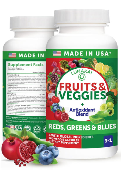 Lunakai USA Made Superfood Fruits & Veggies Supplement - All-in-One with 4 Blends & Scented Capsules, 180ct Super Veggie Capsules for Adults - Maple Wellness Supplements