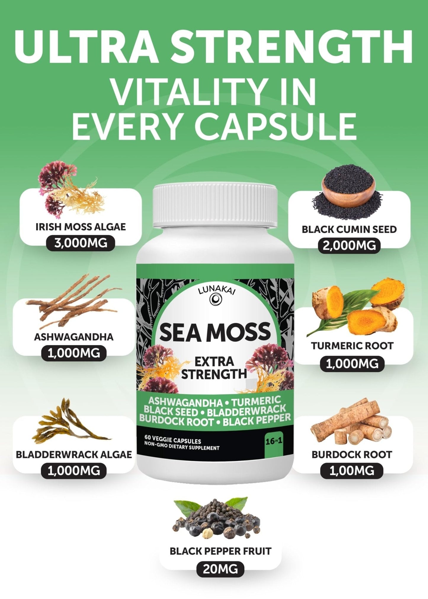Lunakai USA Made Superfood Fruits & Veggies Supplement & Irish Sea Moss Bundle with 4 Blends, Black Seed Oil & Ashwagandha for Immune & Wellness Support - Maple Wellness Supplements